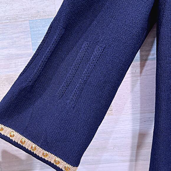 ST JOHN Tweed Lady Jacket Blue Gold Studded Trim Full Zip Wool Blend Womens 10 - Picture 5 of 9